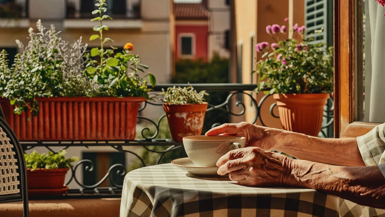 Mani anziane su una tazza di ceramica, balcone italiano al mattino