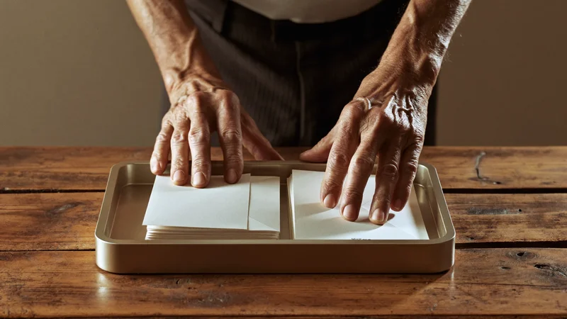 Mani ordinano buste e cartelline semplici su una scrivania di legno